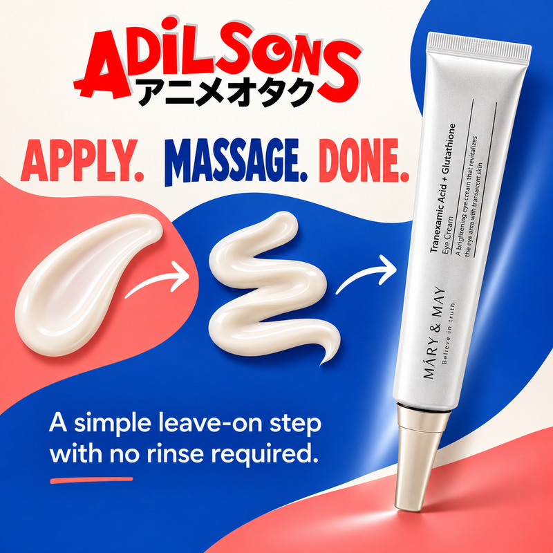 MARY&MAY Tranexamic Acid + Glutathione Eye Cream creative: APPLY. MASSAGE. DONE.