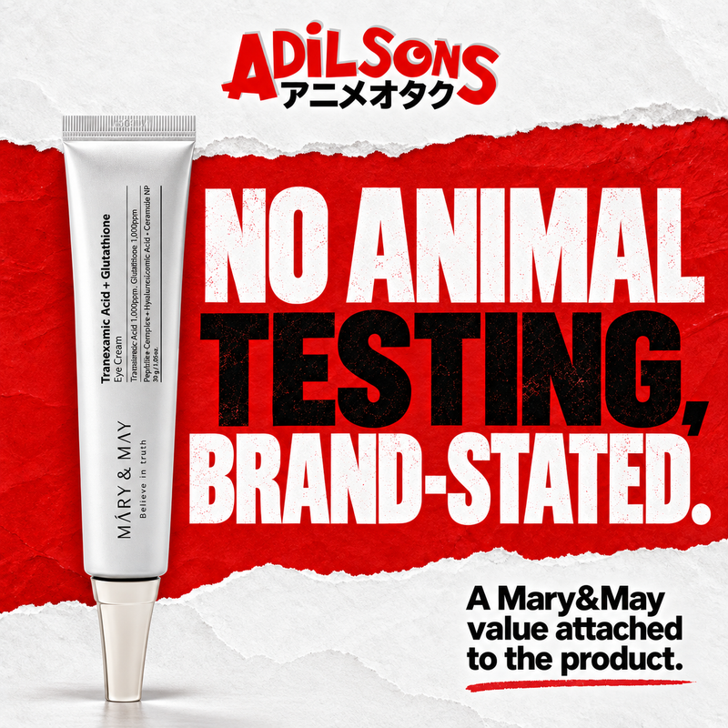 MARY&MAY Tranexamic Acid + Glutathione Eye Cream creative: NO ANIMAL TESTING, BRAND-STATED.