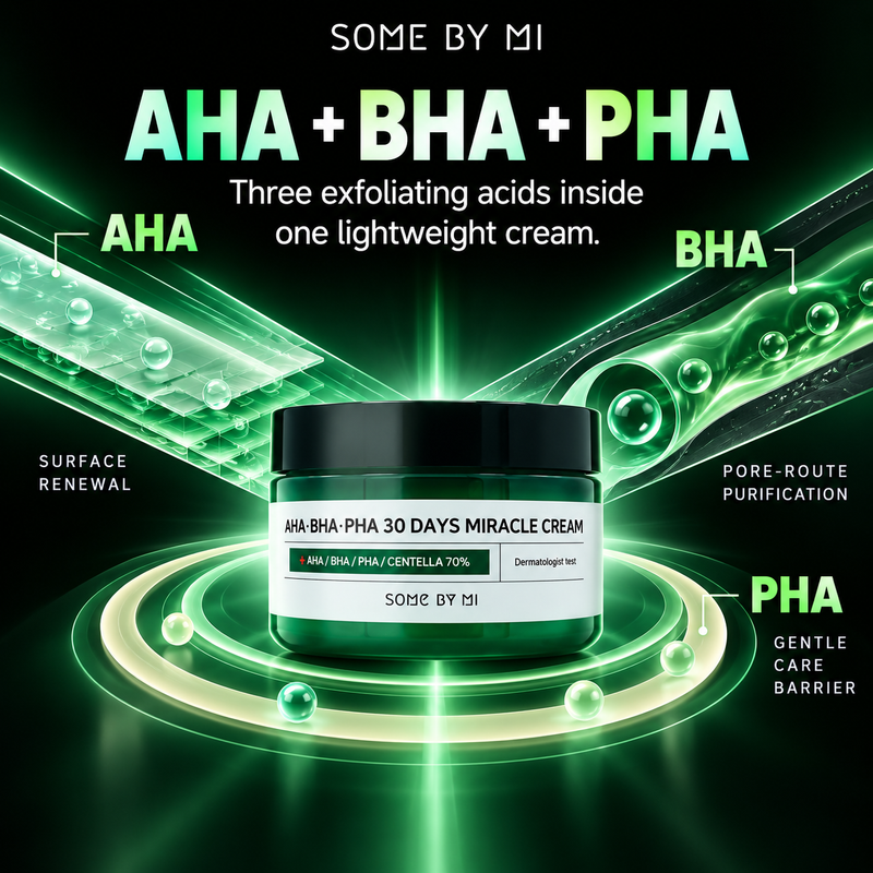 Adilsons Beauty SOME BY MI AHA BHA PHA 30 Days Miracle Cream 60g ad: AHA + BHA + PHA / Three exfoliating acids inside one lightweight cream.