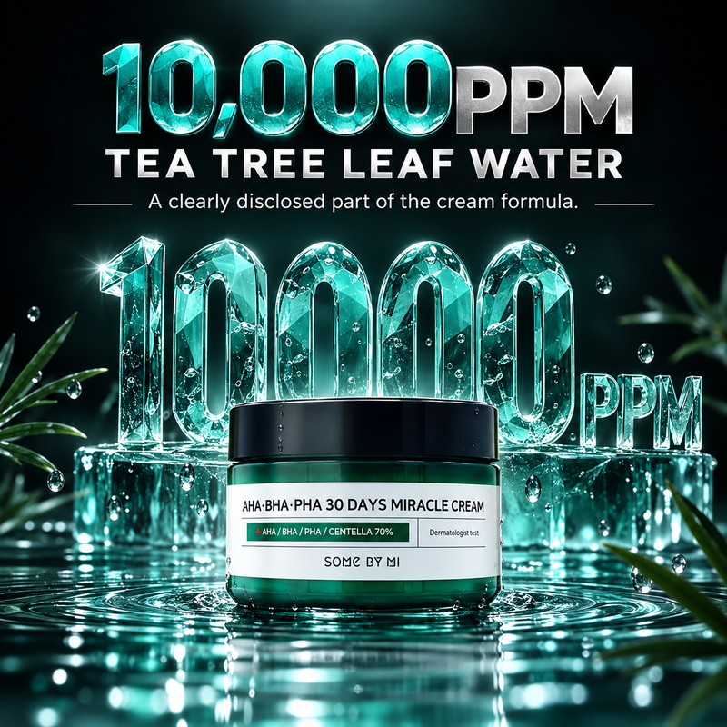 Adilsons Beauty SOME BY MI AHA BHA PHA 30 Days Miracle Cream 60g ad: 10,000PPM TEA TREE LEAF WATER / A clearly disclosed part of the cream formula.