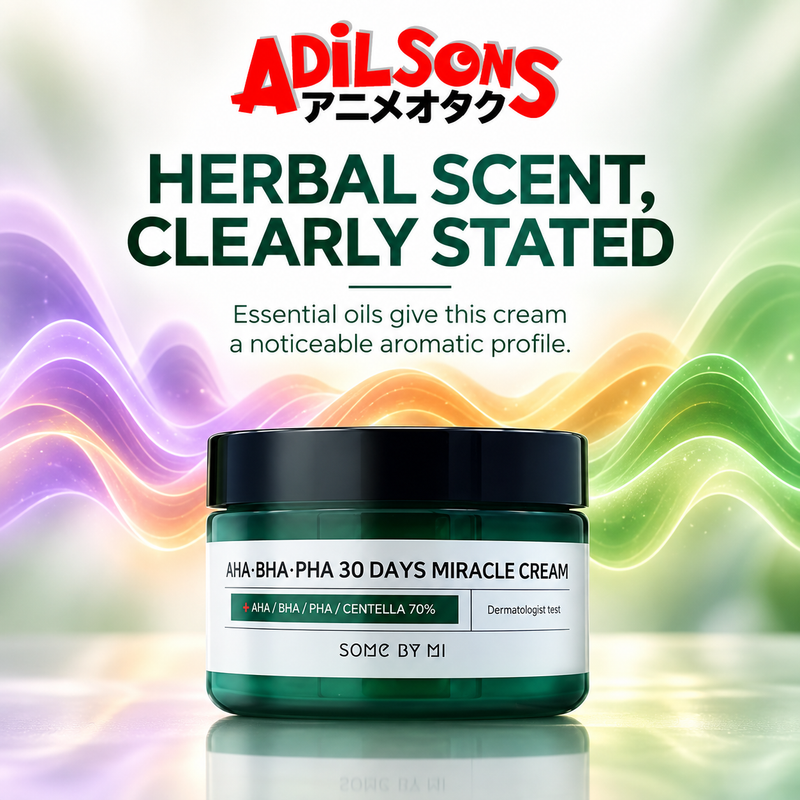 Adilsons Beauty SOME BY MI AHA BHA PHA 30 Days Miracle Cream 60g ad: HERBAL SCENT, CLEARLY STATED / Essential oils give this cream a noticeable aromatic profile.