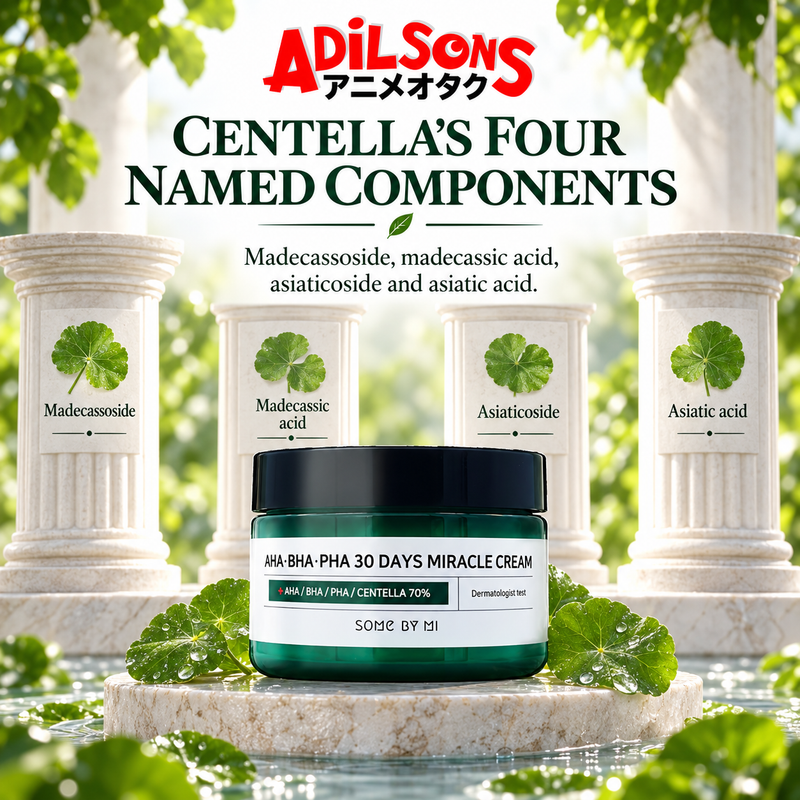 Adilsons Beauty SOME BY MI AHA BHA PHA 30 Days Miracle Cream 60g ad: CENTELLA’S FOUR NAMED COMPONENTS / Madecassoside, madecassic acid, asiaticoside and asiatic acid.