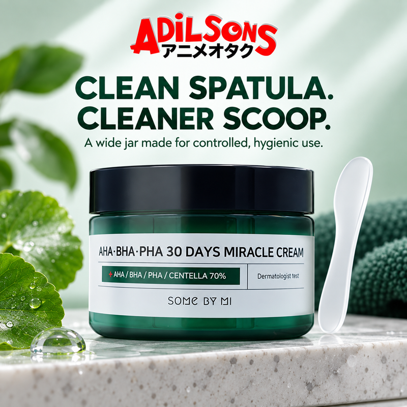 Adilsons Beauty SOME BY MI AHA BHA PHA 30 Days Miracle Cream 60g ad: CLEAN SPATULA. CLEANER SCOOP. / A wide jar made for controlled, hygienic use.