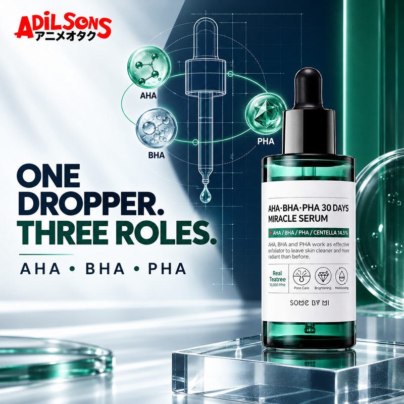 Adilsons Beauty creative for SOME BY MI AHA BHA PHA 30 Days Miracle Serum: One dropper delivers three complementary formula roles
