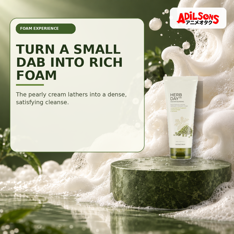 Adilsons Beauty creative for The Face Shop Herb Day 365 Mungbean Foaming Cleanser 170ml — Dense rich foam.