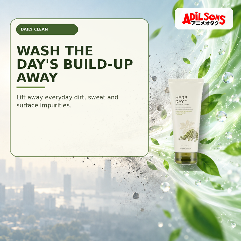 Adilsons Beauty creative for The Face Shop Herb Day 365 Mungbean Foaming Cleanser 170ml — Daily grime removal.