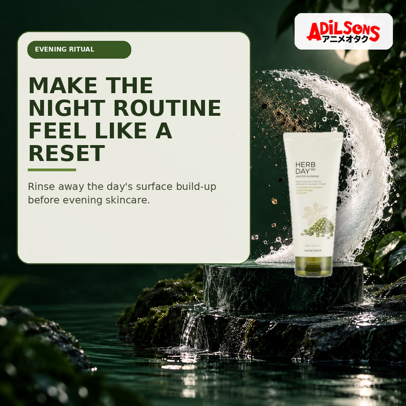 Adilsons Beauty creative for The Face Shop Herb Day 365 Mungbean Foaming Cleanser 170ml — Evening reset.