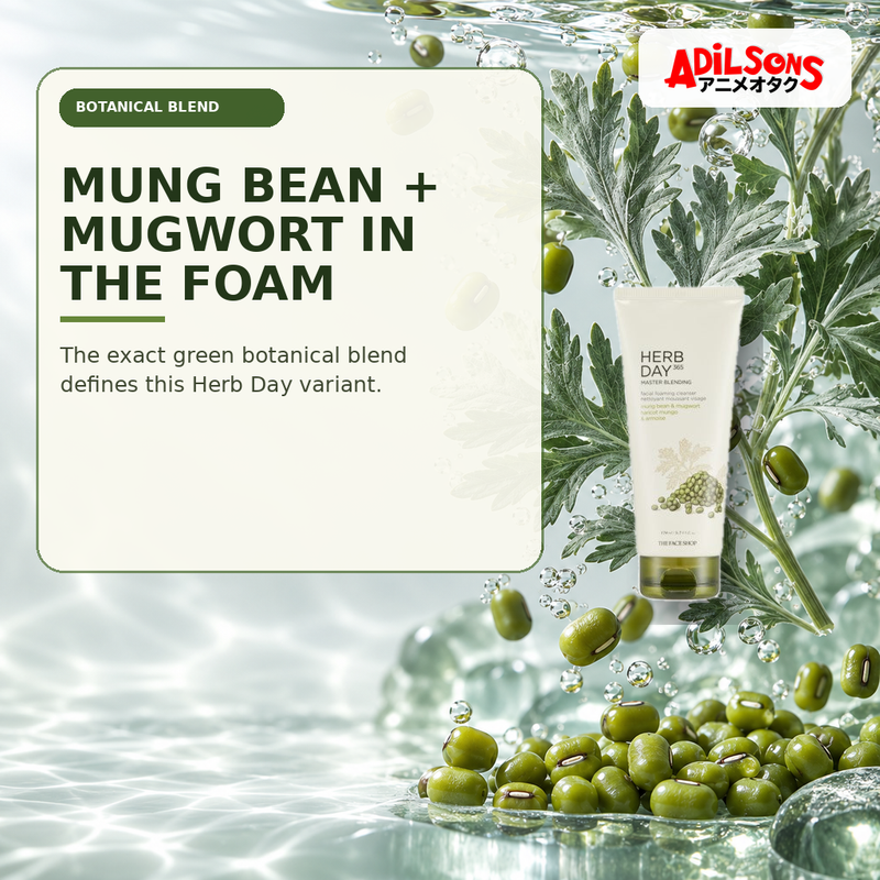 Adilsons Beauty creative for The Face Shop Herb Day 365 Mungbean Foaming Cleanser 170ml — Mung bean and mugwort blend.