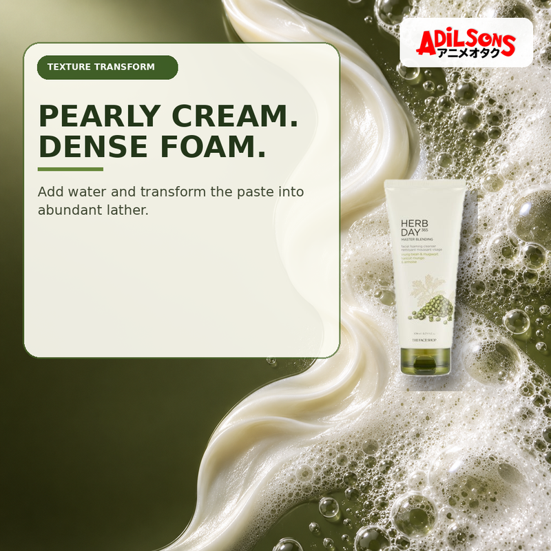 Adilsons Beauty creative for The Face Shop Herb Day 365 Mungbean Foaming Cleanser 170ml — Cream-to-foam transformation.