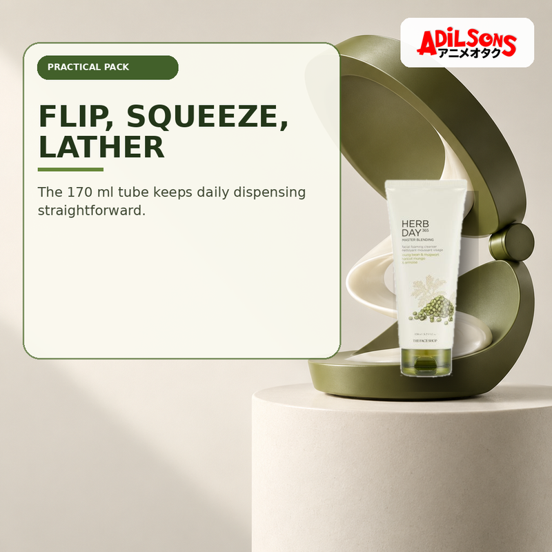 Adilsons Beauty creative for The Face Shop Herb Day 365 Mungbean Foaming Cleanser 170ml — Flip-top convenience.