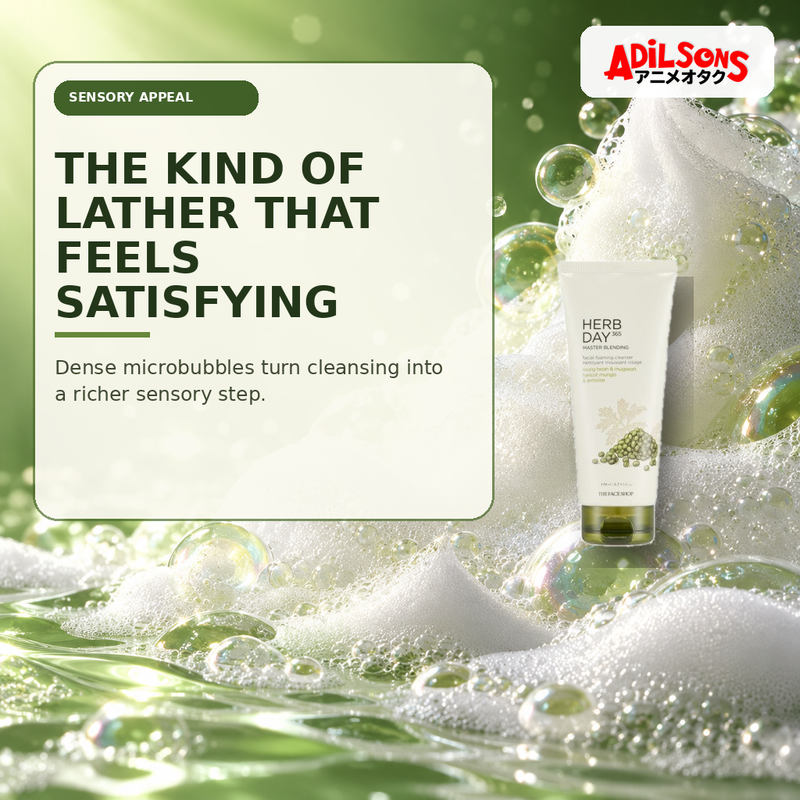 Adilsons Beauty creative for The Face Shop Herb Day 365 Mungbean Foaming Cleanser 170ml — Tactile lather appeal.