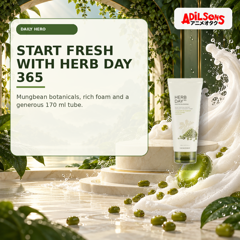 Adilsons Beauty creative for The Face Shop Herb Day 365 Mungbean Foaming Cleanser 170ml — Hero fresh-start purchase.