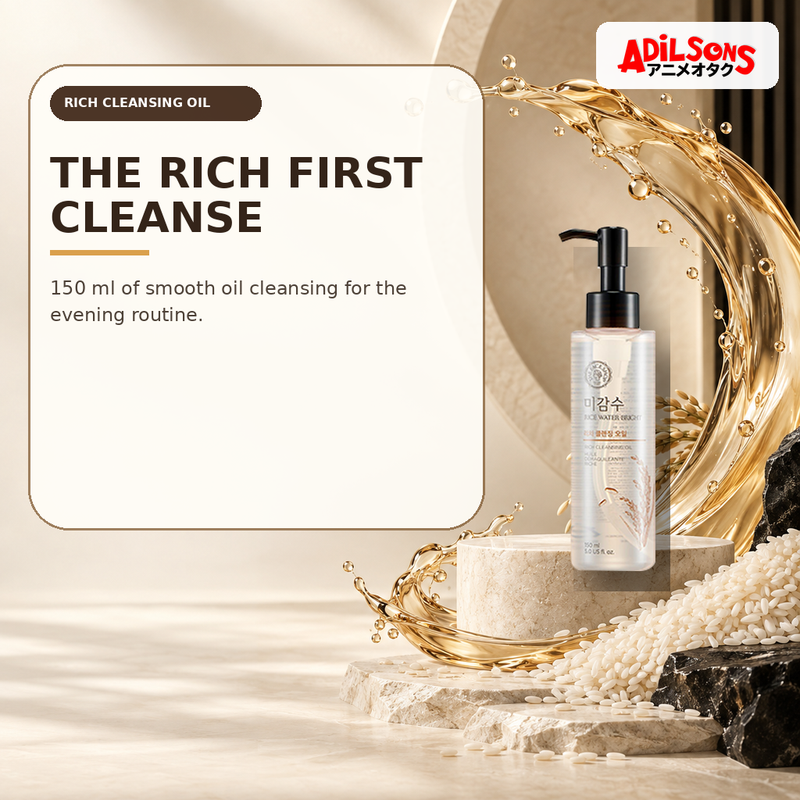 The Face Shop Rice Water Bright Rich Cleansing Oil 150ml in a rice and amber-oil campaign setting.