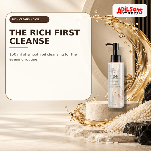 The Face Shop Rice Water Bright Rich Cleansing Oil 150ml in a rice and amber-oil campaign setting.