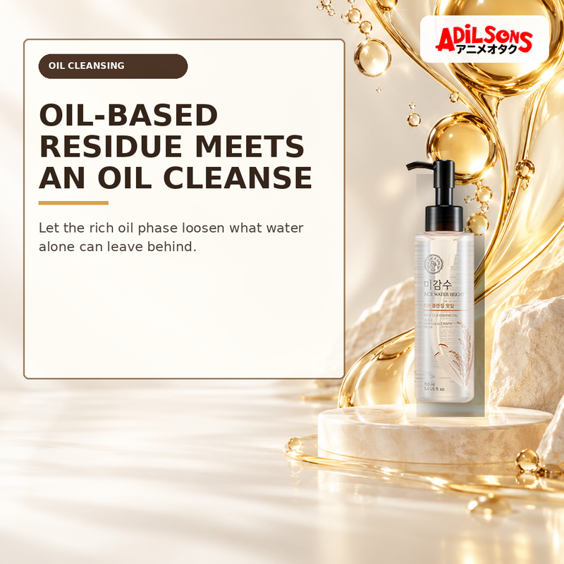 Cleansing oil presented with joining amber oil droplets.