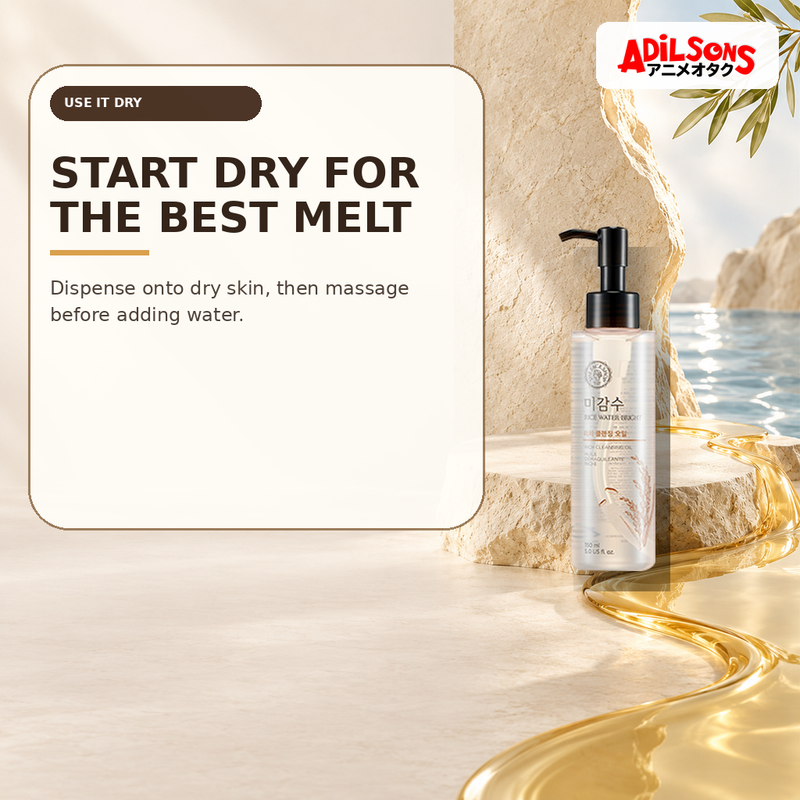 Rich cleansing oil on a dry ivory stage with water kept beyond a boundary.