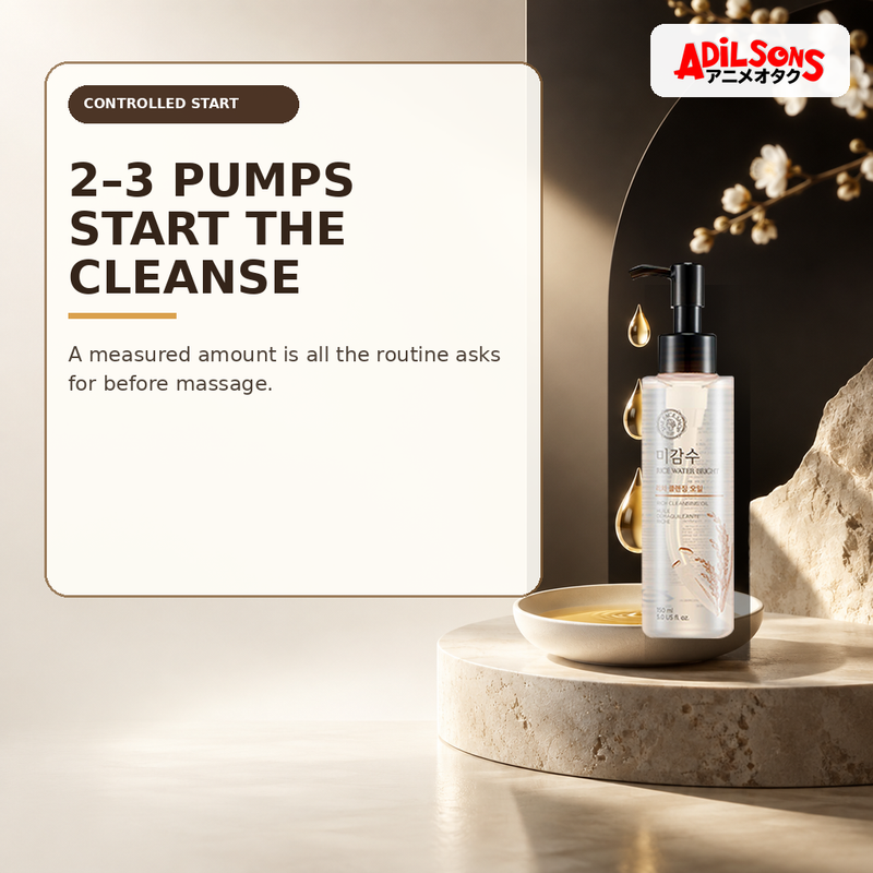 Rice Water Bright Rich Cleansing Oil with three measured amber droplets.