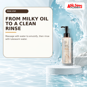 Cleansing oil with a milky cloud clearing into a transparent water channel.
