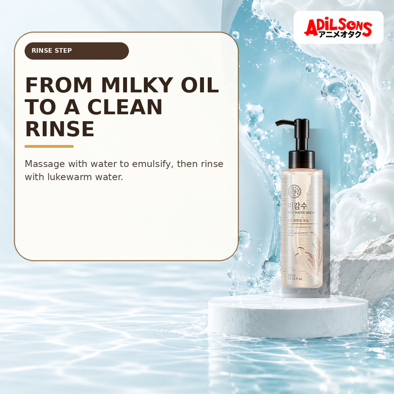 Cleansing oil with a milky cloud clearing into a transparent water channel.