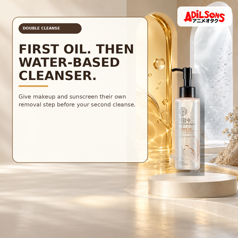 Rich cleansing oil shown with two abstract cleansing portals.