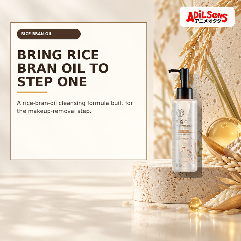 The Face Shop cleansing oil beside rice bran and polished amber droplets.
