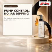 Pump-bottle cleansing oil with precision geometric droplet styling.