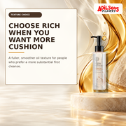 Rich cleansing oil beside a wide amber ribbon contrasted with a light translucent veil.