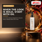 Rich cleansing oil as abstract bold makeup colours sweep into an amber vortex.