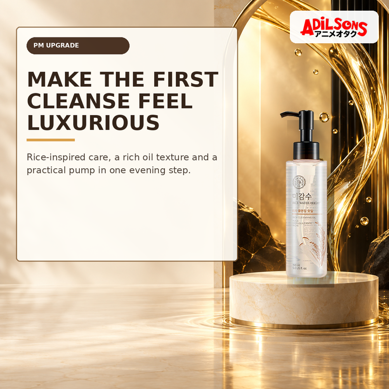 The Face Shop Rice Water Bright Rich Cleansing Oil in a champagne-gold hero setting.