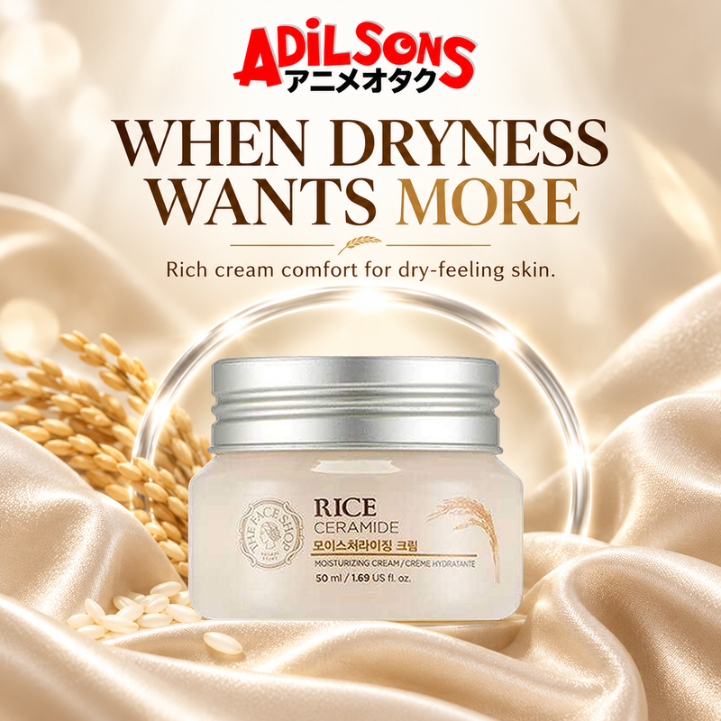 The Face Shop Rice & Ceramide Moisturizing Cream 50 ml in a satin-fold halo