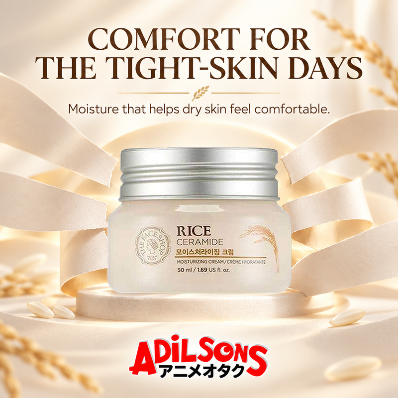 The Face Shop Rice & Ceramide Moisturizing Cream 50 ml in a releasing paper bands