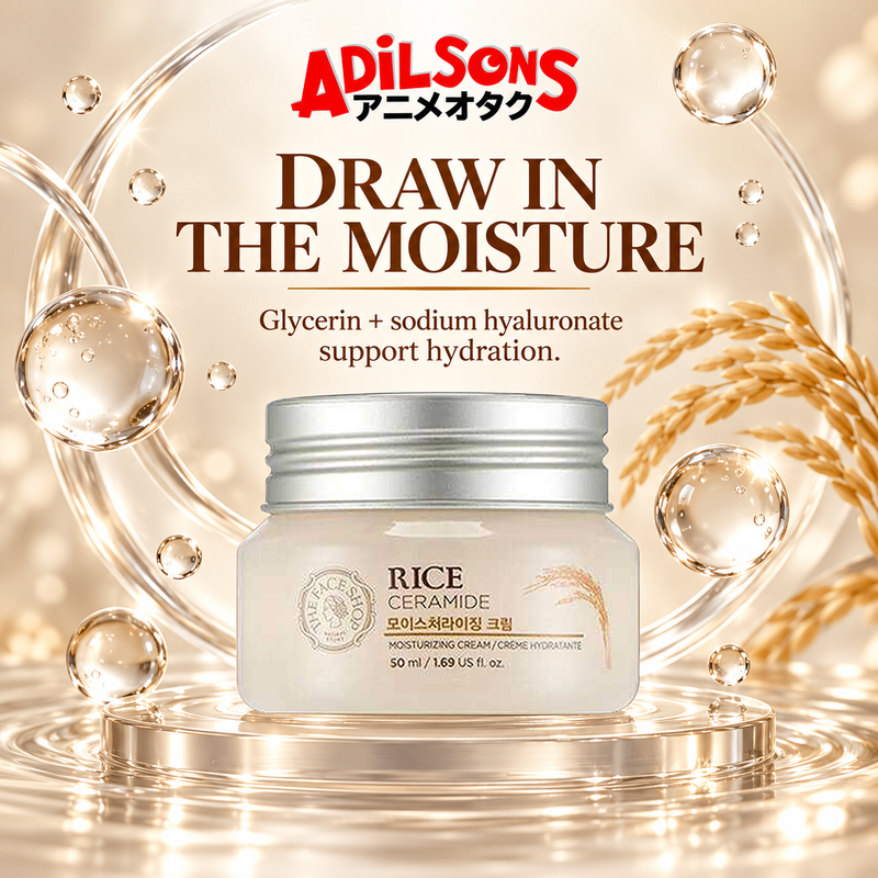 The Face Shop Rice & Ceramide Moisturizing Cream 50 ml in a moisture-attraction glass arcs