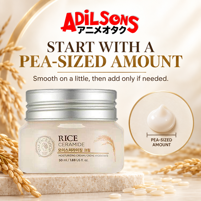 The Face Shop Rice & Ceramide Moisturizing Cream 50 ml in a pea-sized cream guide