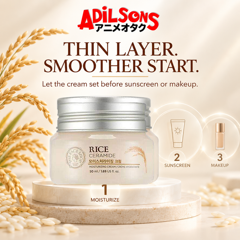 The Face Shop Rice & Ceramide Moisturizing Cream 50 ml in a three-stage makeup-prep map