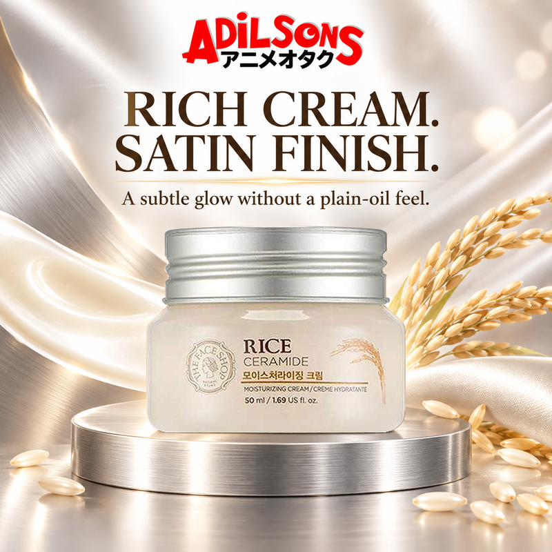 The Face Shop Rice & Ceramide Moisturizing Cream 50 ml in a brushed-silver satin scene
