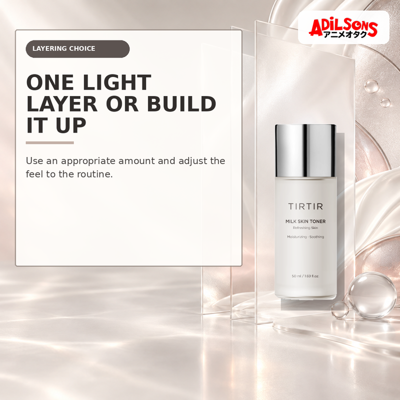 Adilsons Beauty creative for TIRTIR Milk Skin Toner 50ml — Adjustable application.
