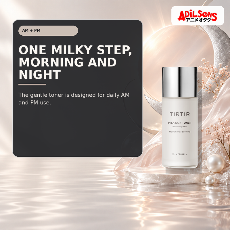 Adilsons Beauty creative for TIRTIR Milk Skin Toner 50ml — Twice-daily use.