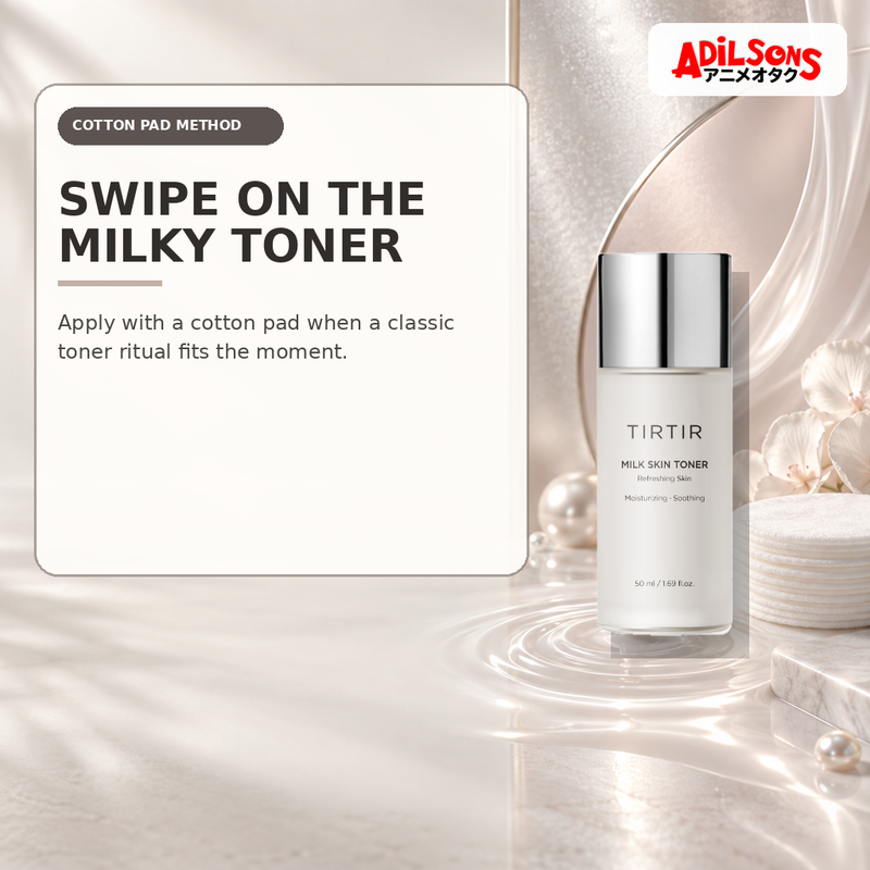 Adilsons Beauty creative for TIRTIR Milk Skin Toner 50ml — Cotton-pad application.