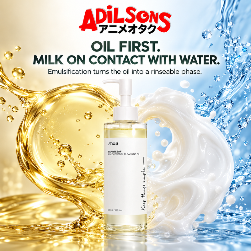 Anua Heartleaf Pore Control Cleansing Oil 200ml creative: OIL FIRST. MILK ON CONTACT WITH WATER.