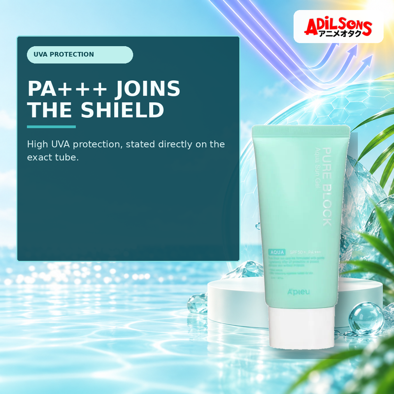 Adilsons Beauty creative for A'pieu Pure Block Aqua Sun Gel SPF50+ PA+++ 50ml — PA+++ rating.