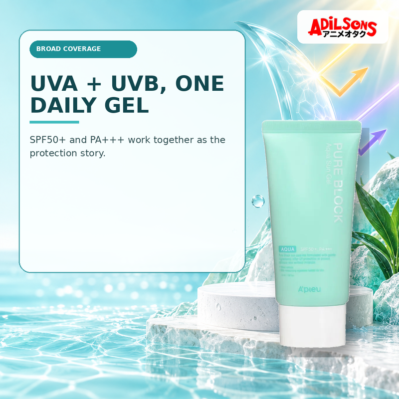 Adilsons Beauty creative for A'pieu Pure Block Aqua Sun Gel SPF50+ PA+++ 50ml — UVA and UVB coverage.