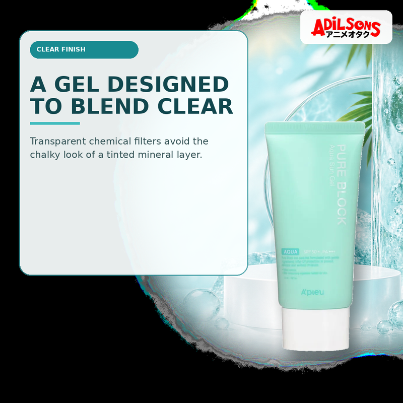 Adilsons Beauty creative for A'pieu Pure Block Aqua Sun Gel SPF50+ PA+++ 50ml — Clear-finish formula.