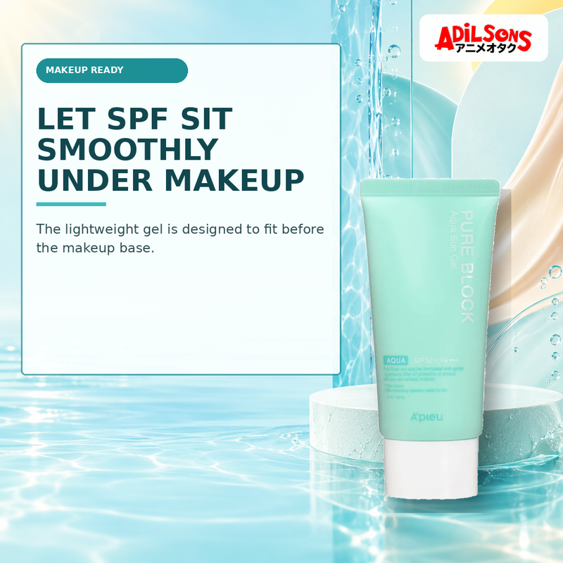 Adilsons Beauty creative for A'pieu Pure Block Aqua Sun Gel SPF50+ PA+++ 50ml — Under-makeup use.