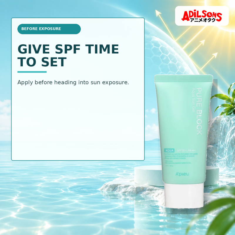 Adilsons Beauty creative for A'pieu Pure Block Aqua Sun Gel SPF50+ PA+++ 50ml — Pre-exposure timing.