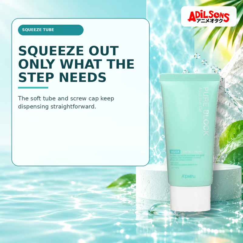 Adilsons Beauty creative for A'pieu Pure Block Aqua Sun Gel SPF50+ PA+++ 50ml — Tube convenience.