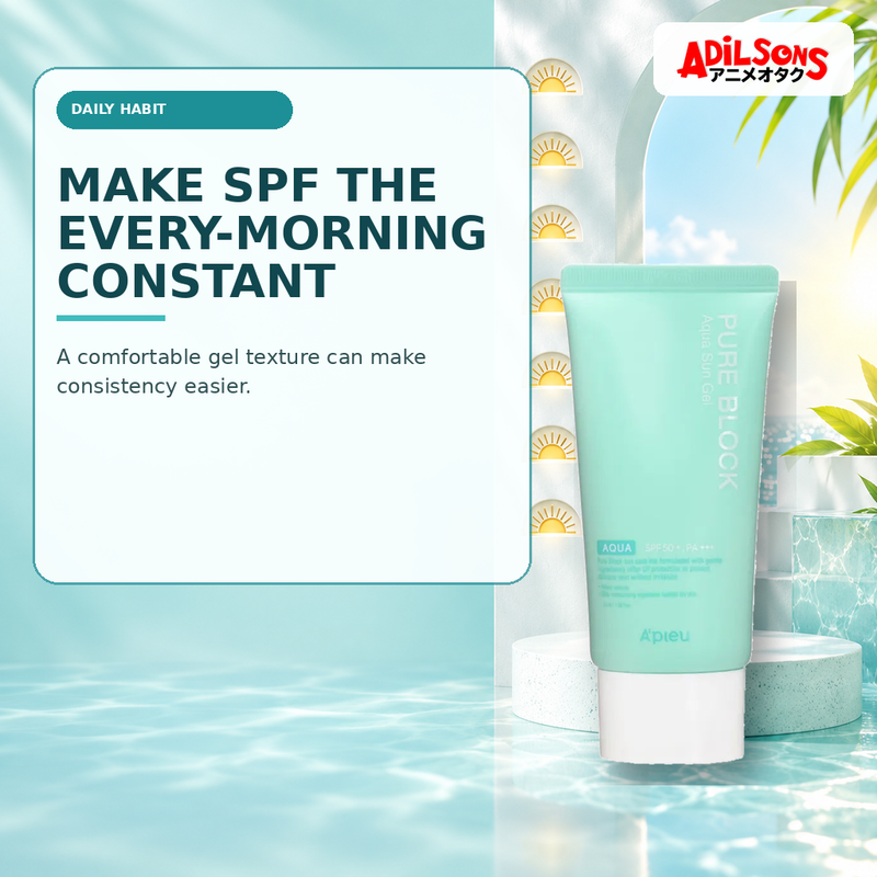 Adilsons Beauty creative for A'pieu Pure Block Aqua Sun Gel SPF50+ PA+++ 50ml — Daily sunscreen habit.