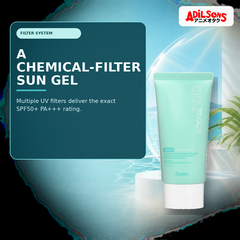 Adilsons Beauty creative for A'pieu Pure Block Aqua Sun Gel SPF50+ PA+++ 50ml — Chemical filter system.