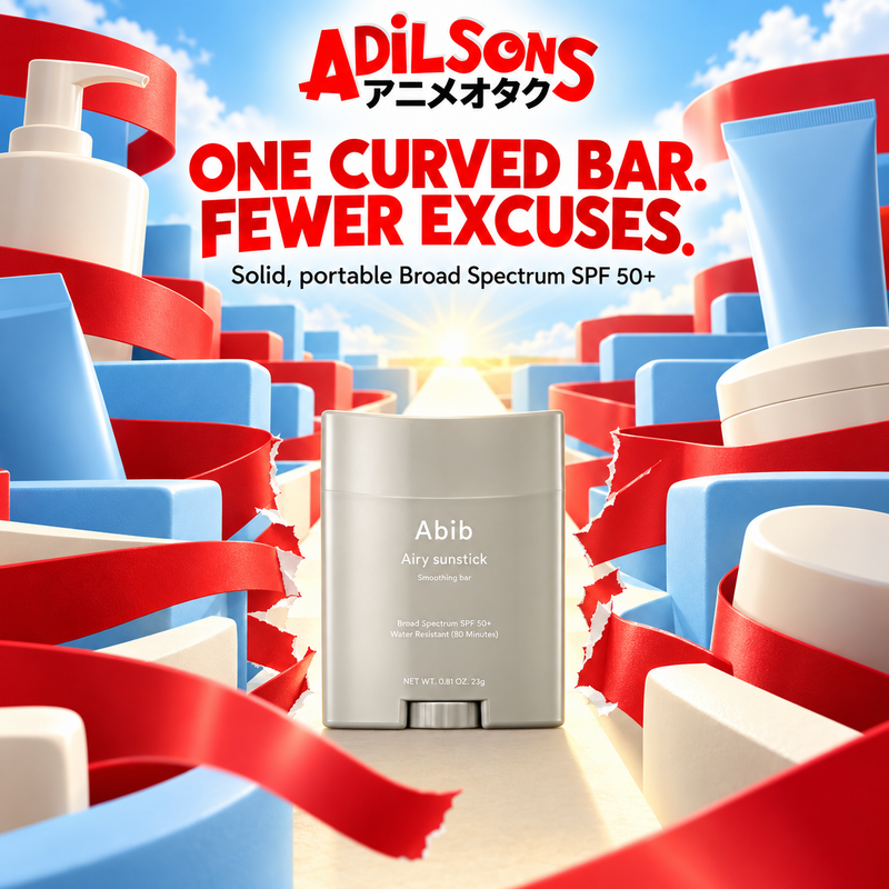 Adilsons Beauty creative for Abib Airy Sunstick Smoothing Bar 23g: One Curved Bar. Fewer Excuses..