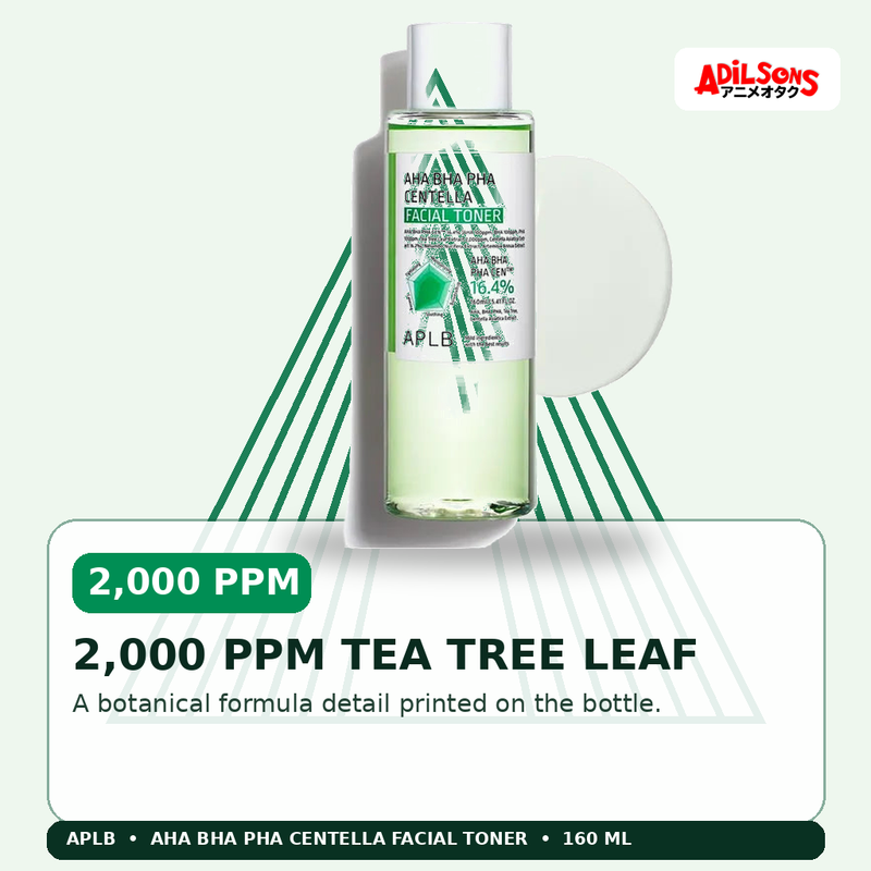 APLB AHA BHA PHA Centella Facial Toner 160ml — 2,000 Ppm Tea Tree Leaf — Adilsons