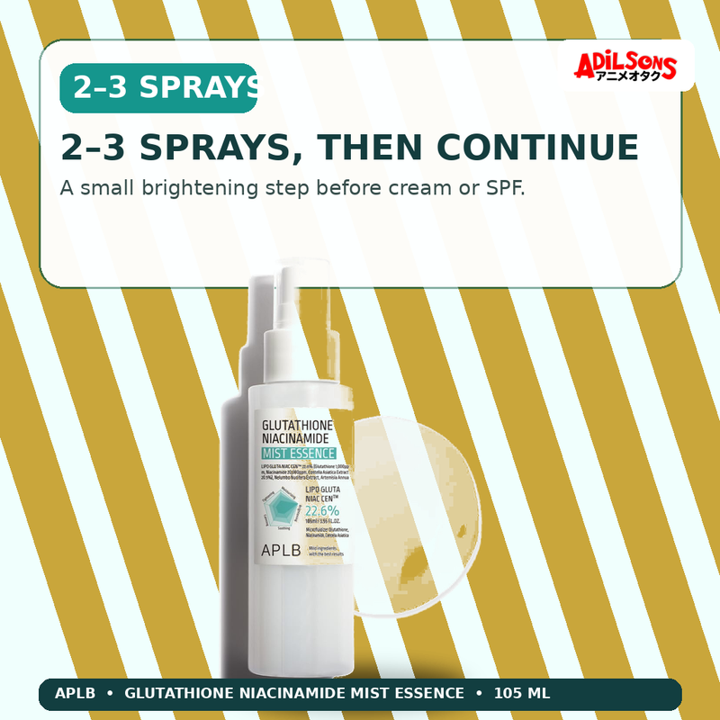 APLB Glutathione Niacinamide Mist Essence 105ml — 2–3 Sprays, Then Continue — Adilsons